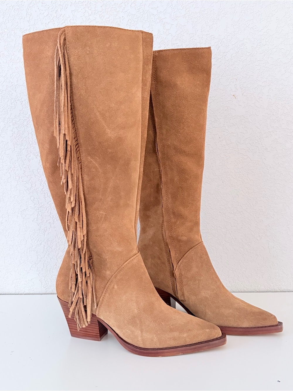 Dolce Vita Suede Fringe Knee-High Boots in Tan